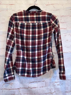 Abercrombie & Fitch Red Navy Plaid Ruffle Button-Down Shirt XS cotton thumbnail 4