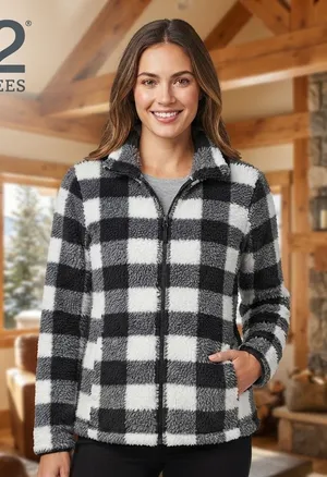 32 Degrees Heat Womens Buffalo Plaid Sherpa Fleece Full Zip Jacket Black White S thumbnail 1