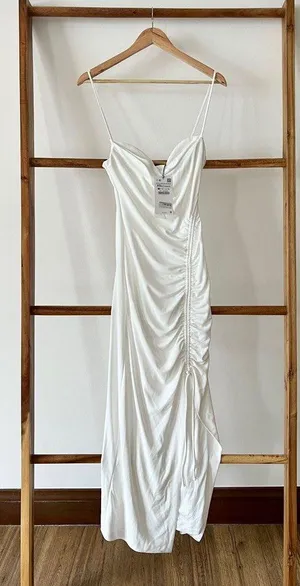 ZARA maxi white dress draped ruched wedding party coctail thumbnail 4