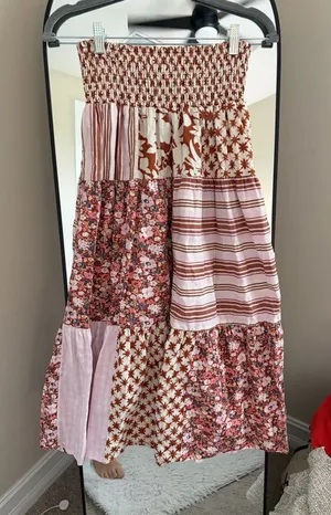 Universal Threads Pink & Brown Patchwork Smocked Tiered Maxi Dress thumbnail 1