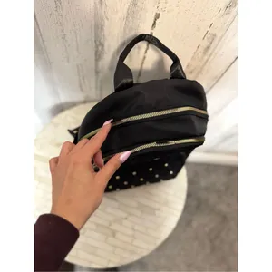 Black Nylon Mini Backpack Quilted Gold Studded Small Travel Bookbag Gold Hardwar thumbnail 7