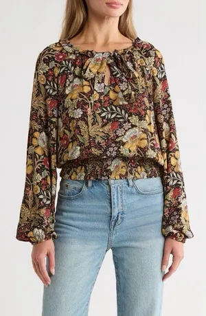DR2 by Daniel Rainn Black Blouse Sz XL Multi Floral Metallic Gold Tie Front Boho thumbnail 1