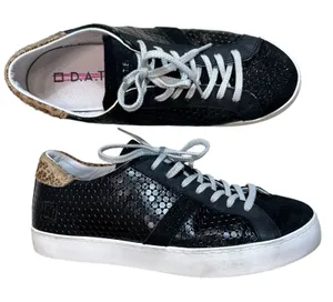 D.A.T.E.‎ Curve Sneakers 7 Black Leather Glitter Snake Print Platform Shoes thumbnail 1