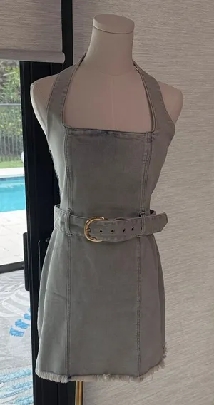 Show Me Your MuMu Grey Denim Halter Mini Dress with Belt thumbnail 1