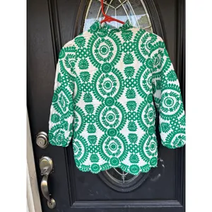 Sunday Up Green White Floral Embroidered Ruffle Neck Blouse Pearl Button Medium thumbnail 7