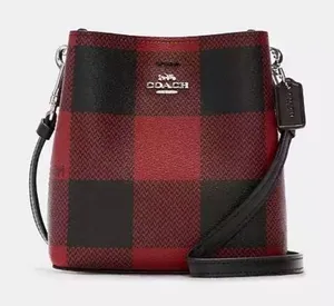 Coach Mini Town Bucket Bag Buffalo Plaid Red Black Crossbody C1548 thumbnail 1