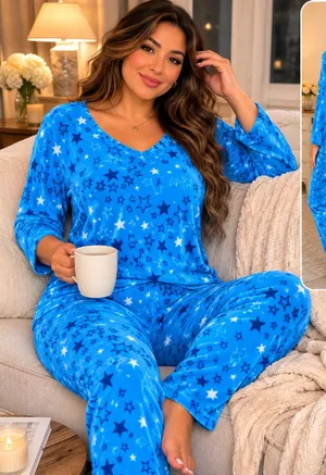 Mayfair Group Micro fleece Cozy Star-Print V-Neck Pajama Set - Blue thumbnail 1