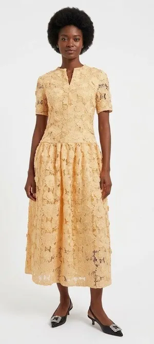 NWT Misook Lace Pleated Drop Waist Maxi in Pale Gold Applique Petal Dress XS thumbnail 1