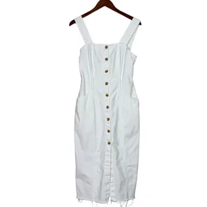 Zara Bodycon Overall Sleeveless Denim Midi Dress Raw Hem Button Down S White thumbnail 2