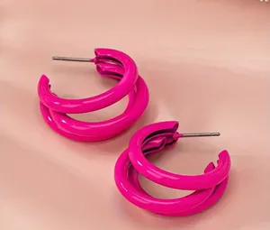Vibrant Hot Pink Hoop Earrings - Triple Layer C Shape, Durable Iron thumbnail 4