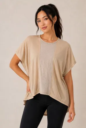 Chloe‎ K Womens Mixed Media High Low Top Beige Tan Dolman Short Sleeve Large thumbnail 1