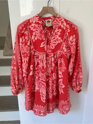 Farm Rio Linen Mini Dress Flora Tapestry Anthropologie Bracelet Long Sleeve Pink thumbnail 3