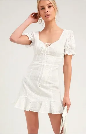 LULUS Rapunzel White Eyelet Lace Mini Dress‎ Medium thumbnail 1