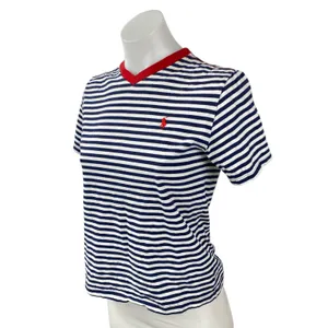 Polo Ralph Lauren White Navy Striped V Neck Short Sleeve Basic Tee T-Shirt Top S thumbnail 2