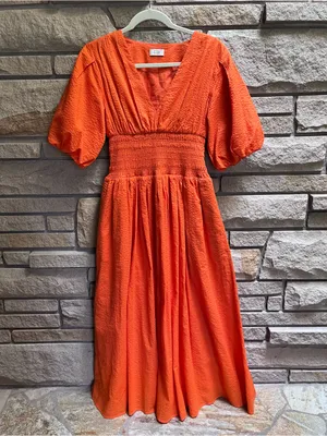 AYR Extra Extra Midi Dress Cara Orange Smocked Waist Tiered Cotton Size Small thumbnail 4