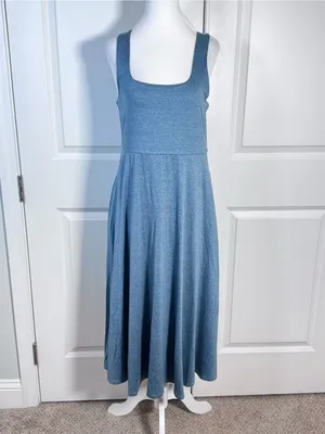 Quince Flowknit Breeze Dress L Blue Midi Fit & Flare Pockets Soft Stretch Travel thumbnail 2