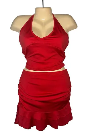 Red Halter Crop Top & Ruffled Mini Skirt Set Size M thumbnail 1