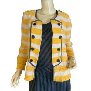 Loft Mustard Yellow, Beige & Gray Striped Cotton Cardigan Sweater (M) thumbnail 6