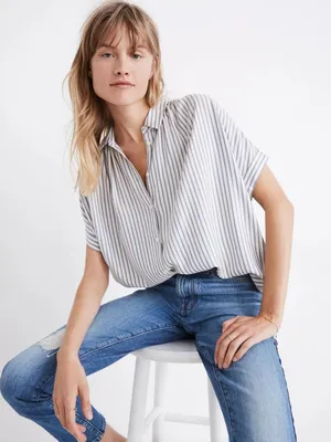 Madewell Central Shirt Dalton Stripe Blue Shirred Button Down Short Sleeve M thumbnail 1