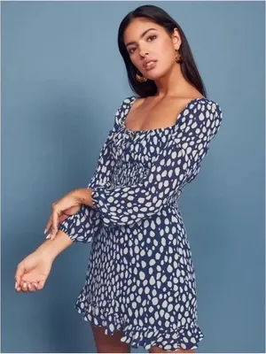 Reformation Rue Long Sleeve Mini Dress Crepe Spotted Lolita Blue White 0 thumbnail 2