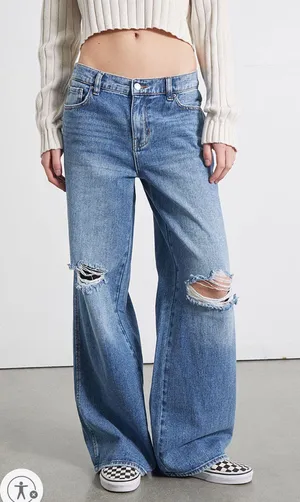 PacSun Light Blue Ripped Baggy Jeans in Medium Indigo thumbnail 2