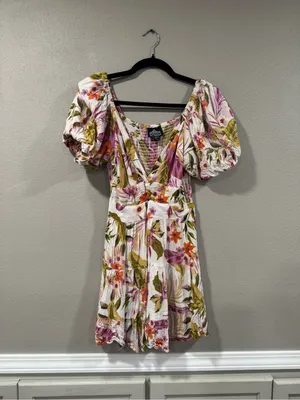 Angie Floral Puff-Sleeve V-Neck Mini Dress in Pink and Green thumbnail 2