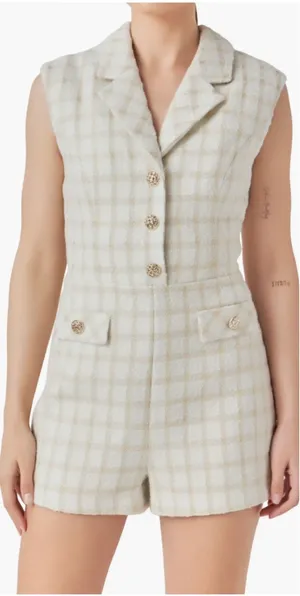 Endless Rose Suited Tweed Romper Plaid Check White Gold‎ Size Medium thumbnail 1