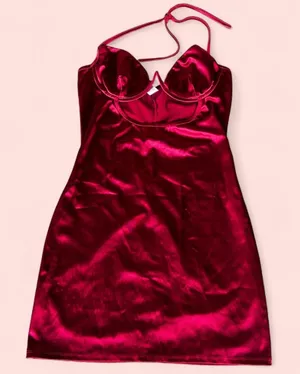 Red satin mini dress with halter neck thumbnail 1