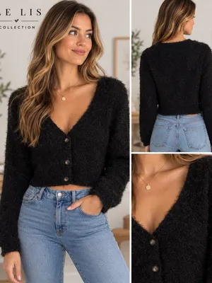 Le Lis Black Fuzzy Cropped Button Front Cardigan Sweater Size Small NWT thumbnail 2