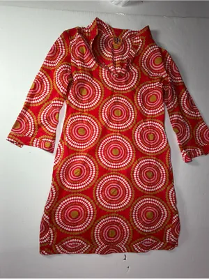 Tory Burch Red, White & Mustard Circular medallion Print dress 35 inches thumbnail 1