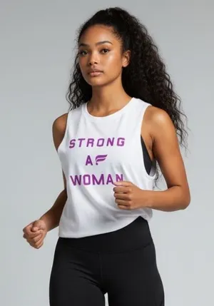 NWT Fabletics White Tank Top with Purple Graphic “STRONG AF WOMAN” thumbnail 1
