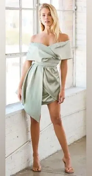 NWT LULUS always celebrating SAGE GREEN SATIN OFF SHOULDER MINI DRESS thumbnail 1