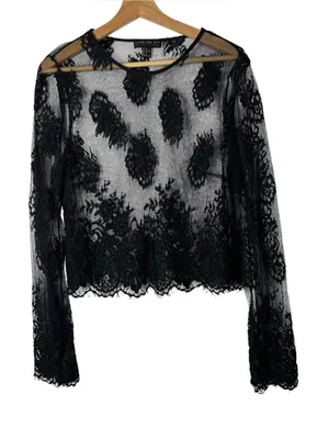 Forever 21 Plus Black Mesh Floral‎ Lace Scallop Hem Sheer Long Sleeve 1X thumbnail 1