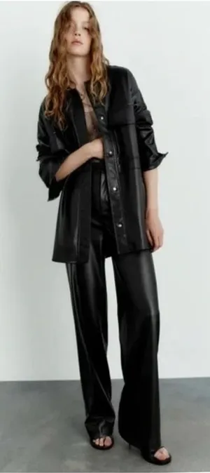 NWT ZARA Wide Leg Faux Leather Pants Women's‎ Size L Black thumbnail 1