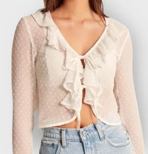New Abercrombie & fitch while polka dot tie-front ruffle mesh long sleeve small thumbnail 1