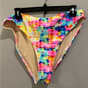 The Blushing Brunette Walking At Sunset Colorful Tie-Dye High Waisted Bikini Bottom thumbnail 5