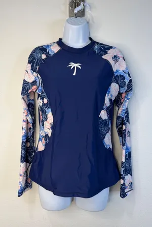 Halcurt Womens Navy Blue Floral Long Sleeve Rash Guard Swim Top Built-in Bra S thumbnail 1
