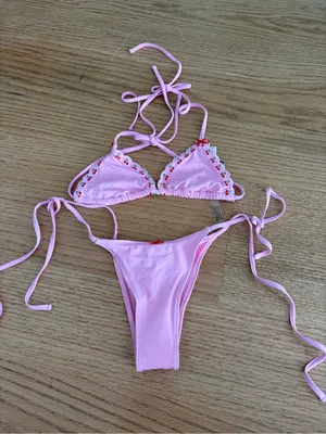 Pink Triangle String Bikini with Embroidered Trim Size XS thumbnail 1