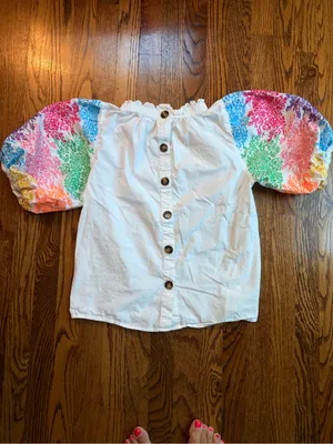 THML White Ruffle Neck Blouse Floral Multicolor Embroidered Puff Sleeves Small thumbnail 5