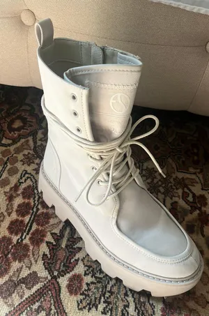 Beige Fabric Moto Lace Up Combat Boots thumbnail 1