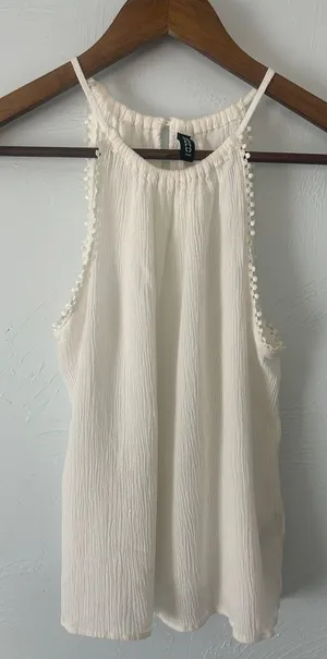 H&M Cream Textured High-Neck Camisole with Pom Trim thumbnail 1