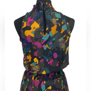 Sleeveless mock neck Multicolor chiffon Smocked waist midi dress wedding guest thumbnail 3