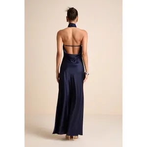 NWT Lulus Madalena Navy Satin Cowl Back Maxi Dress Holiday Banquet Gala Party S thumbnail 3