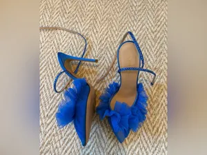 Like New! Andrea Wazen Blue Tulle Ruffle Ankle-Strap Stiletto Heels | Size 36.5 thumbnail 4