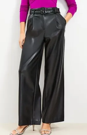 Loft Black Faux Leather High Rise Wide-Leg Belted Fleece Lined Trouser‎ Pants thumbnail 1