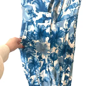 ZARA Floral Tie Front Linen Blend Jumpsuit Blue Small‎ thumbnail 3