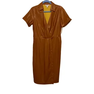 Nine West Dress Womens Size M Brown Faux Leather Wrap Short Sleeve Collar V Neck thumbnail 2