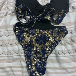SHEIN Blue and Gold One Piece Swimsuit thumbnail 7