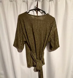 Zara Wrap Blouse Size S Olive Green Velvet V-Neck Tie Front Top thumbnail 3