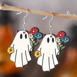 White Ghost Colorful Flower Design‎ Dangle Halloween Earrings Wooden Jewelry thumbnail 12